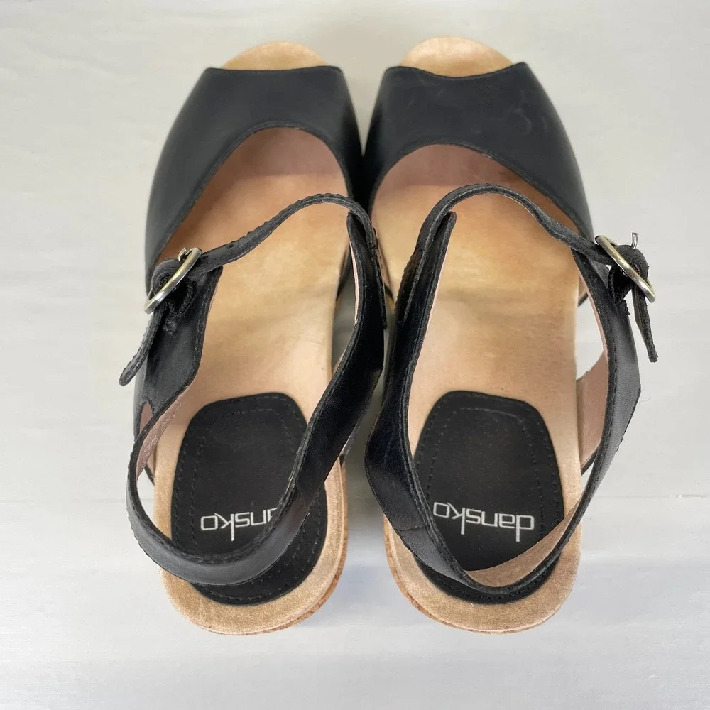 Dansko Charlotte Wedge Sandals Womens Size 39 US 8.5 Black Leather Buckle Shoes